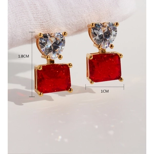 Elegant red square zircon earrings with heart-shaped studs in golden finish 1.8cm