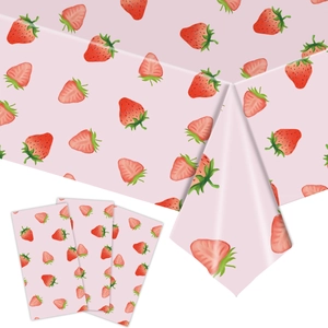 Strawberry Theme Party Tableware Pink Disposable Plastic Tablecloth Paper Plates Cups Napkins For Girls Birthday Picnic