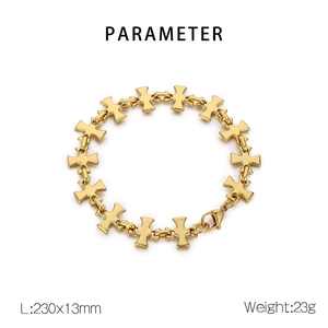 Detail view of gold cross-link titanium steel bracelet with dimensions 230mm by 13mm