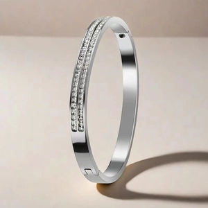 Elegant silver stainless steel bangle with double row square zircon stones and clasp