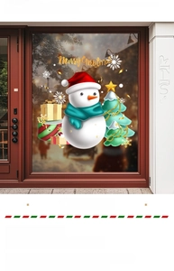 Macro view of Christmas snowman and snowflake static window stickers on a glass door