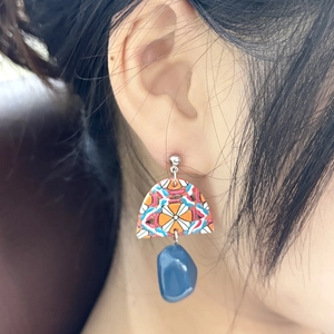 Retro acrylic drop earrings with geometric yellow and blue color-blocking pattern