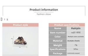 Detailed size specifications of the acetate heart hair claw clip in black and brown