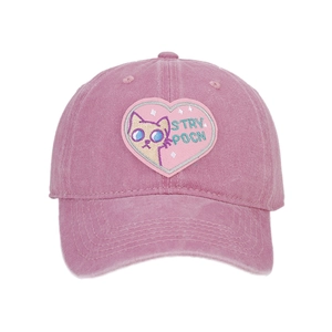 Pink washed cotton baseball cap with heart shaped cat embroidery and curved brim