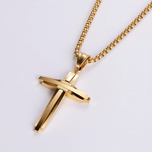 Minimalist gold stainless steel cross pendant necklace with box chain for men
