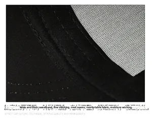 Macro shot of breathable fabric stitching and wide moisture-wicking sweatband on baseball cap