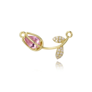 Golden tulip connector with pink gemstone and crystals for DIY jewelry making