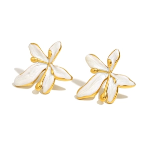Elegant 18K gold plated stainless steel floral stud earrings with white enamel petals