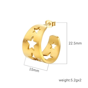 18K gold plated stainless steel hollow star C-shaped hoop earrings with size dimensions