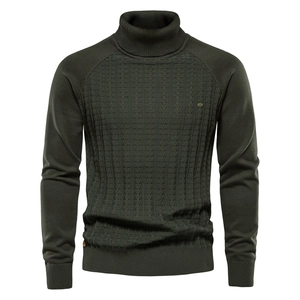 Men Turtleneck Pullover Sweater Cotton Blend Solid Color Long Sleeve Cable Knit Business Casual Winter Knitwear Top