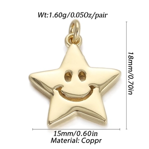 Detailed dimensions of 18K gold-plated copper star smile pendant showing 18x15mm size