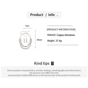 Detailed size and material specs for the rhinestone flower layered necklace and earrings set