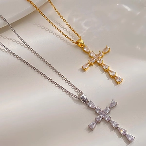 Minimalist cross pendant necklaces in gold and silver finish with sparkling zircon stones