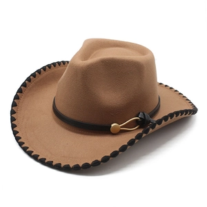 Brown wool western cowboy hat with black wavy stitched brim and stylish gold buckle detail