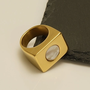 Minimalist gold stainless steel square ring with a white pearl shell inlay center piece