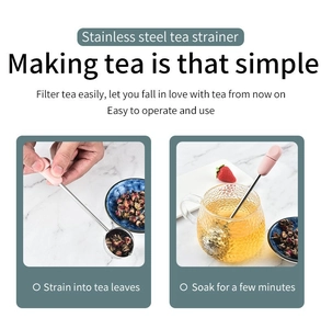 Infographic showing steps to use the stainless steel tea strainer with pink handle