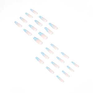 Blue and white wave marble long coffin press-on nails set with 24 pieces