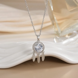 Titanium steel dreamcatcher necklace with white zircon pendant and feather charms