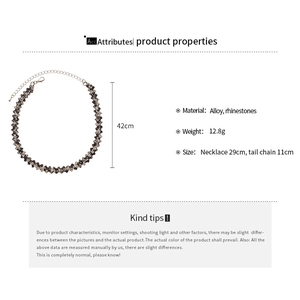 Macro shot of geometric rhinestone choker with detailed 29cm plus 11cm length dimensions