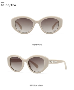 Oval sunglasses with beige frame and crystal-encrusted temples in front and side views