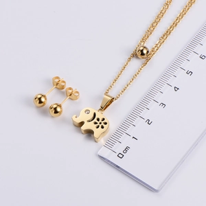 Polished gold elephant pendant necklace and ball stud earrings jewelry set with zircon