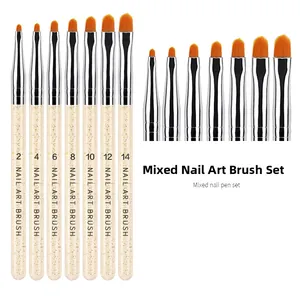 Detail of 7 professional UV gel nail brushes with transparent glitter handles and nylon tips