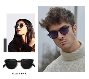 Detail showing vintage TR90 polarized sunglasses in black and purple lens color variants