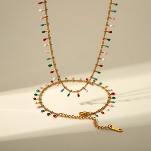 Golden stainless steel necklace and anklet set with colorful enamel water drop charms