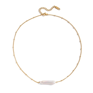 Luxury gold stainless steel necklace with natural baroque pearl bar pendant
