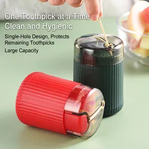 Modern automatic pop-up toothpick holder with ribbed texture in green and red colors