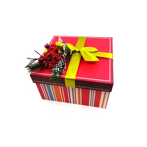 Dettaglio macro della confezione regalo di Natale rossa con aghi di pino e bacche