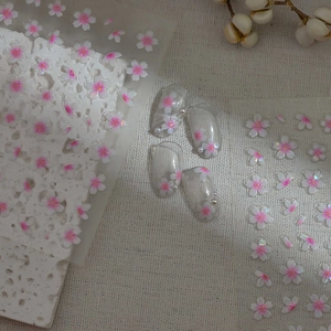 Close-up of 3D embossed cherry blossom nail stickers with dreamy pink floral patterns