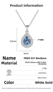 Detail showing dimensions of pear-shaped blue zirconia pendant on S925 silver necklace