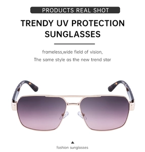 Detail of square gradient lenses and gold tortoiseshell temples on fashion sunglasses