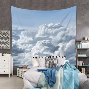 Artistic oil painting tapestry with blue sky and clouds in a modern bedroom setting