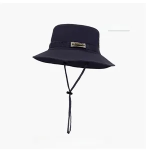 Detailed view of navy blue outdoor sun hat with adjustable drawstring and quick-dry fabric