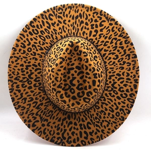 Top view of wide brim leopard print fedora hat with wool texture and metal chain trim