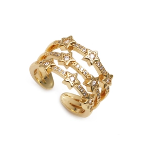 Three-layer adjustable gold ring with micro-pave star patterns and zircon inlays