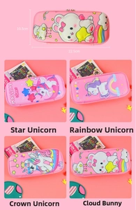 Detailed view of the 22.5cm x 10.5cm dimension and pink unicorn pattern pencil case