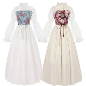 Comparison of Dirndl dresses with floral bodices and lace-up details in blue and pink