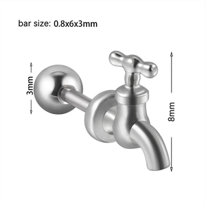 Detail of faucet-shaped stainless steel stud earring with 0.8x6x3mm sizing dimensions