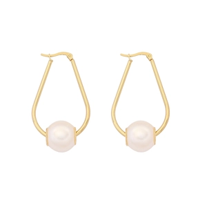 Elegant gold teardrop earrings with large white pearls in a minimalist geometric frame