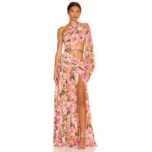 Pink floral one-shoulder maxi dress with waist cutout and gold chain belt detail
