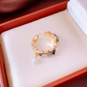 18k gold plated wave ring with multi-colored beads and hanging pearl charm in luxury box