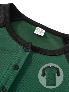 Detailed macro view of breathable mesh fabric and button neck of men's athletic set