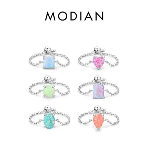 Adjustable S925 sterling silver chain rings set with colorful opal stones in various shapes