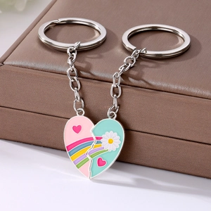 Cute magnetic heart couple keychain with colorful rainbow and floral enamel patterns