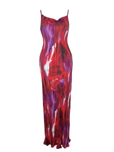 Detail of red and purple abstract print on accordion pleat slim fit cami maxi dress