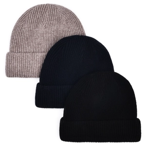 Detailed close-up of three knit beanies in light grey, navy blue, and black colors