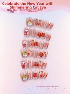 Macro detail of Lunar New Year press-on nails with cat-eye effect and festive patterns
